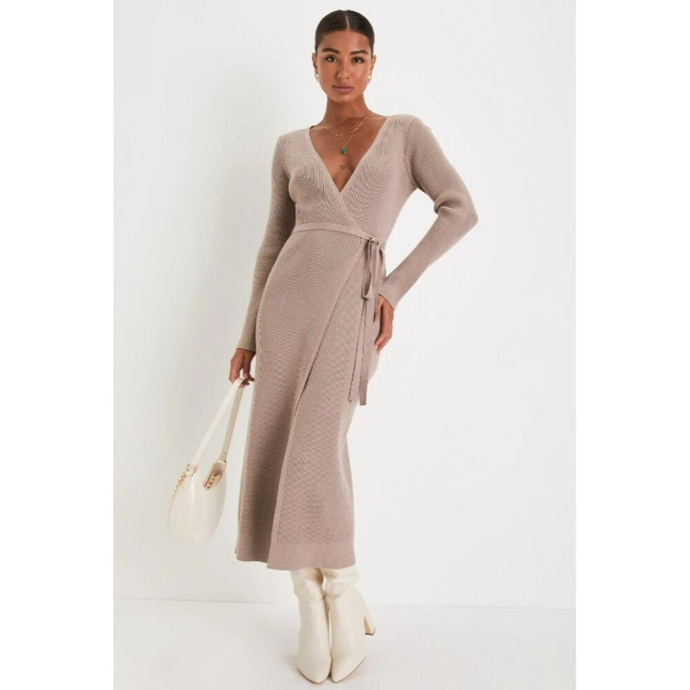 Lulus Iconic Comfort Sweater Dress Womens Medium Taupe Ribbed Surplice Wrap NEW - Picture 1 of 13